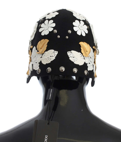Dolce &amp; Gabbana Hut aus schwarzer Wolle mit weißem Blumenmuster und Blattgold