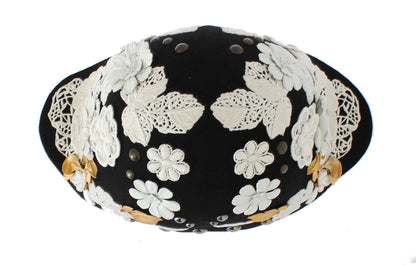 Dolce &amp; Gabbana Hut aus schwarzer Wolle mit weißem Blumenmuster und Blattgold