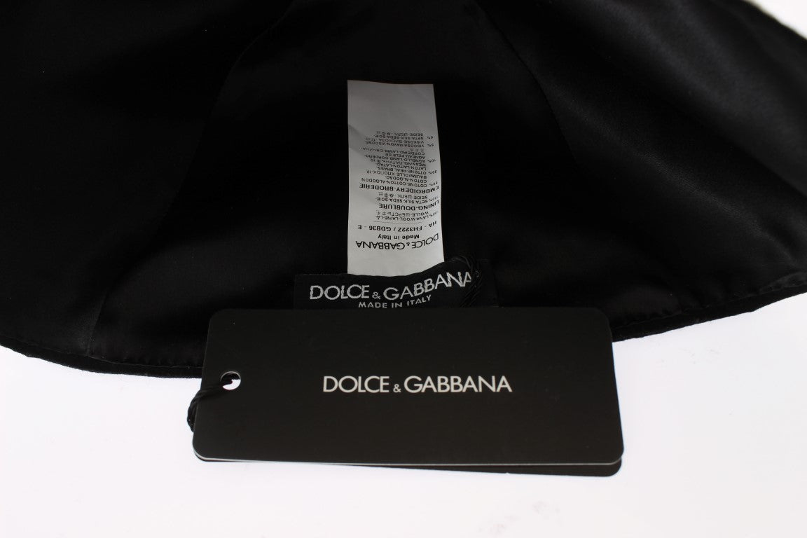 Dolce &amp; Gabbana Hut aus schwarzer Wolle mit weißem Blumenmuster und Blattgold