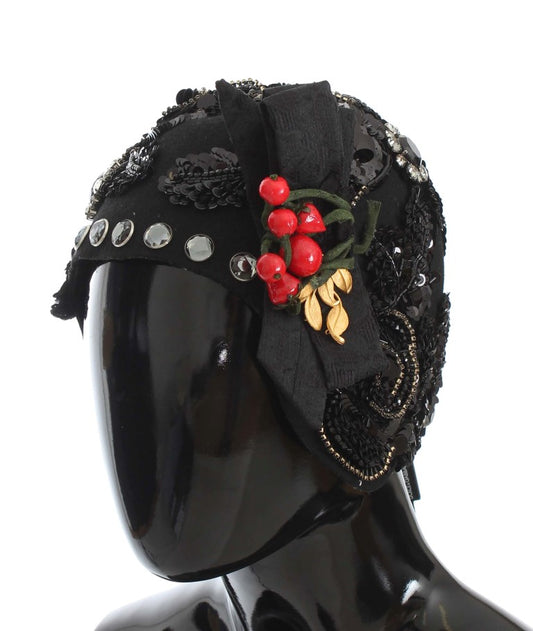 Dolce &amp; Gabbana – Broschenhut mit schwarzen Kristallen und goldenen Kirschen
