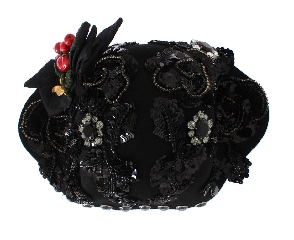 Dolce &amp; Gabbana – Broschenhut mit schwarzen Kristallen und goldenen Kirschen