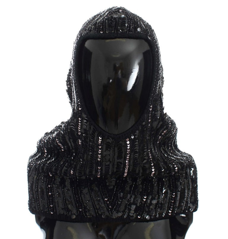 Dolce &amp; Gabbana – Schwarze Strickmütze mit Pailletten und Kapuze