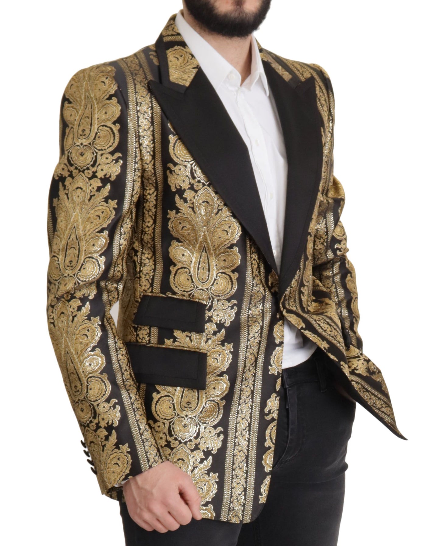Dolce &amp; Gabbana – Einreihiger Blazer aus Jacquard in Schwarz und Gold