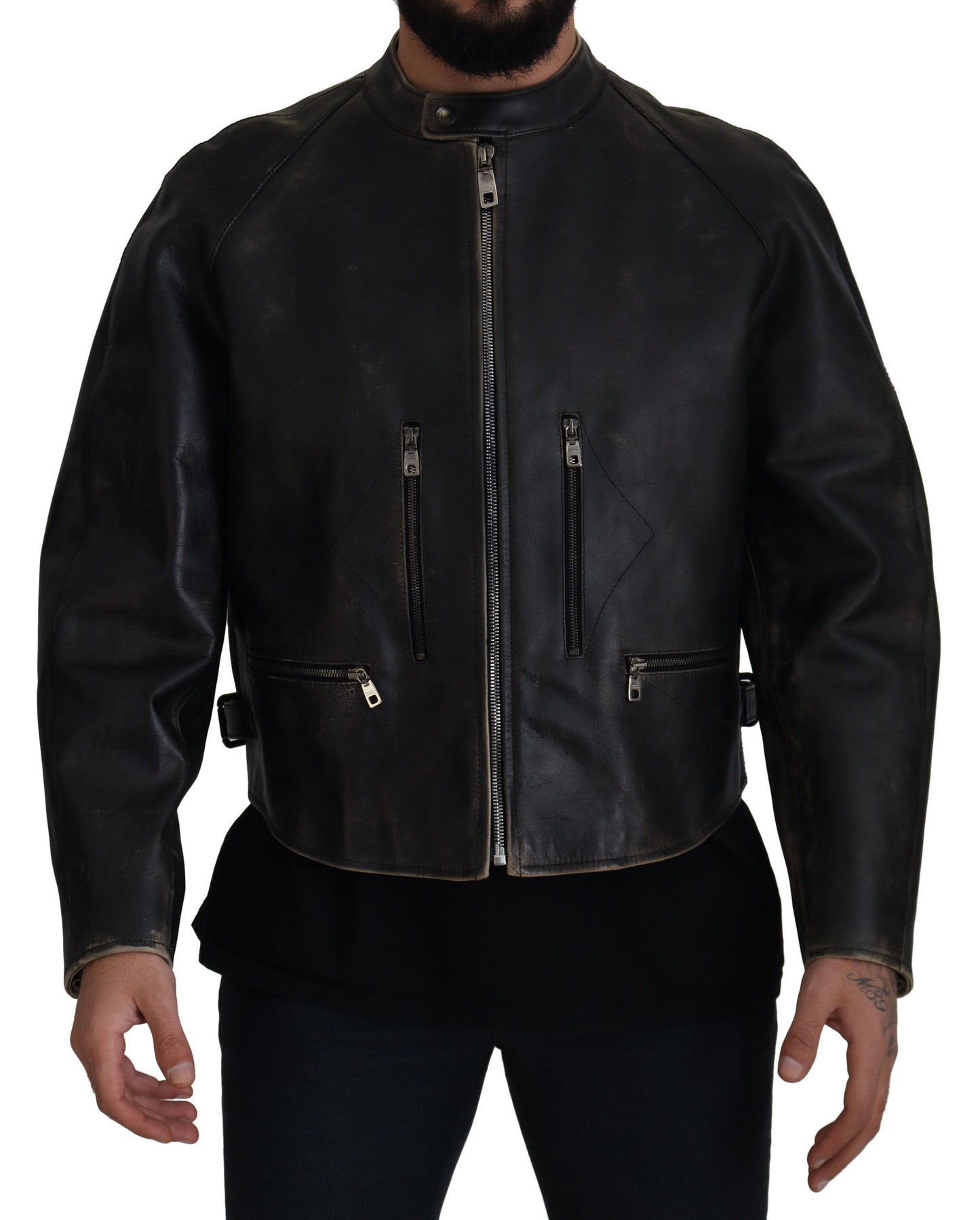 Dolce &amp; Gabbana Black Leather Zipper Biker Coat Jacket