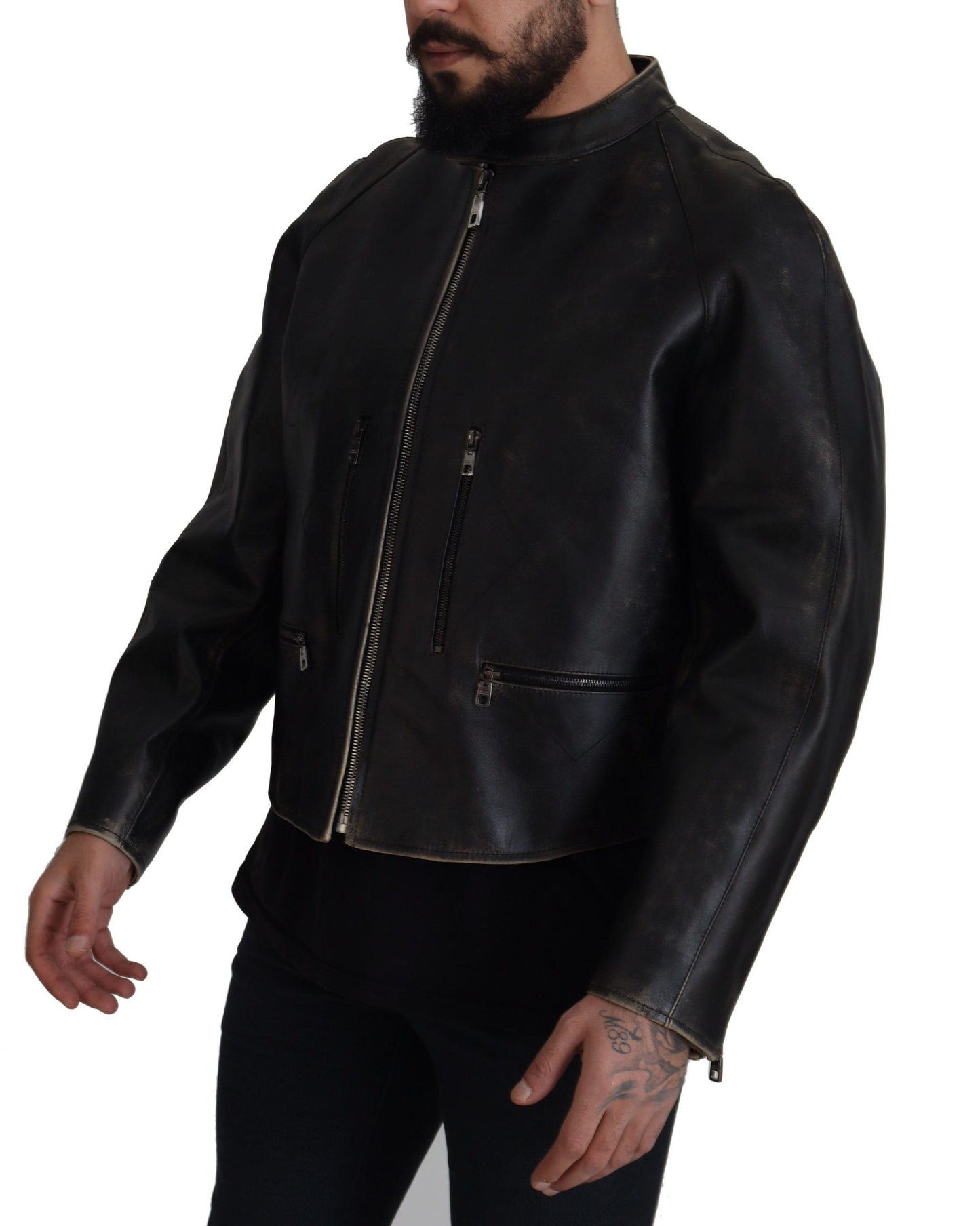 Dolce &amp; Gabbana Black Leather Zipper Biker Coat Jacket