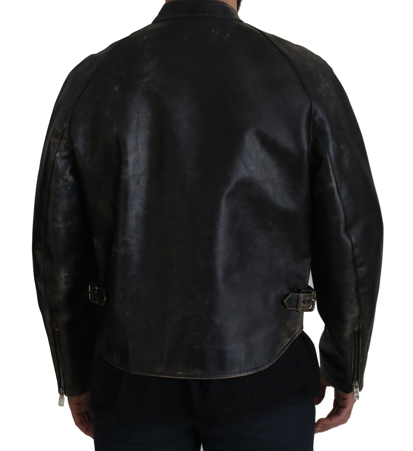 Dolce &amp; Gabbana Black Leather Zipper Biker Coat Jacket