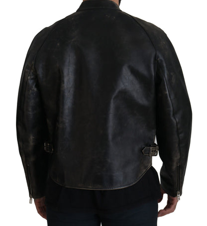 Dolce &amp; Gabbana Black Leather Zipper Biker Coat Jacket