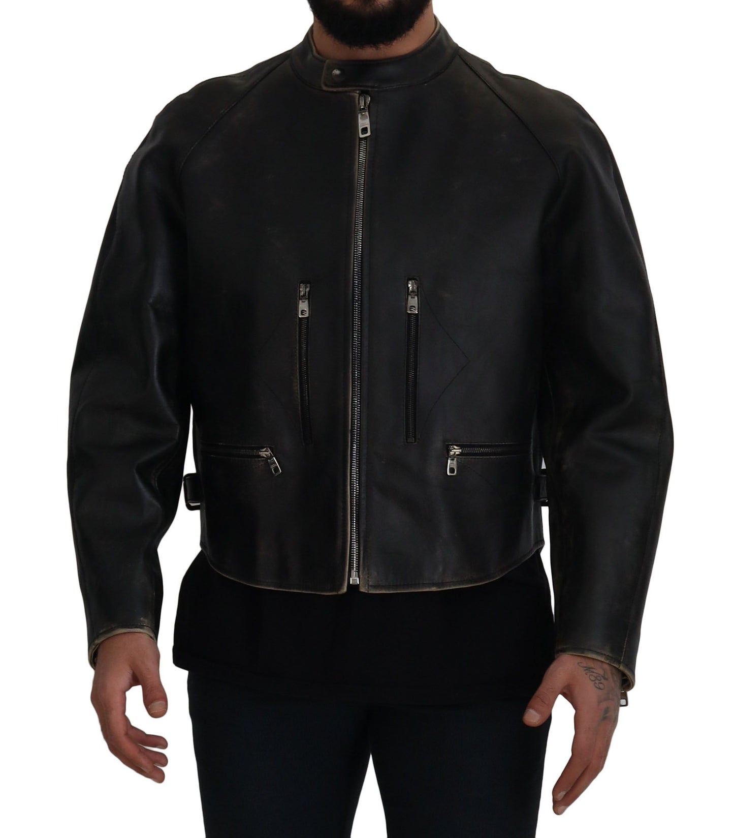 Dolce &amp; Gabbana Black Leather Zipper Biker Coat Jacket
