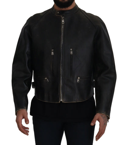Dolce &amp; Gabbana Black Leather Zipper Biker Coat Jacket