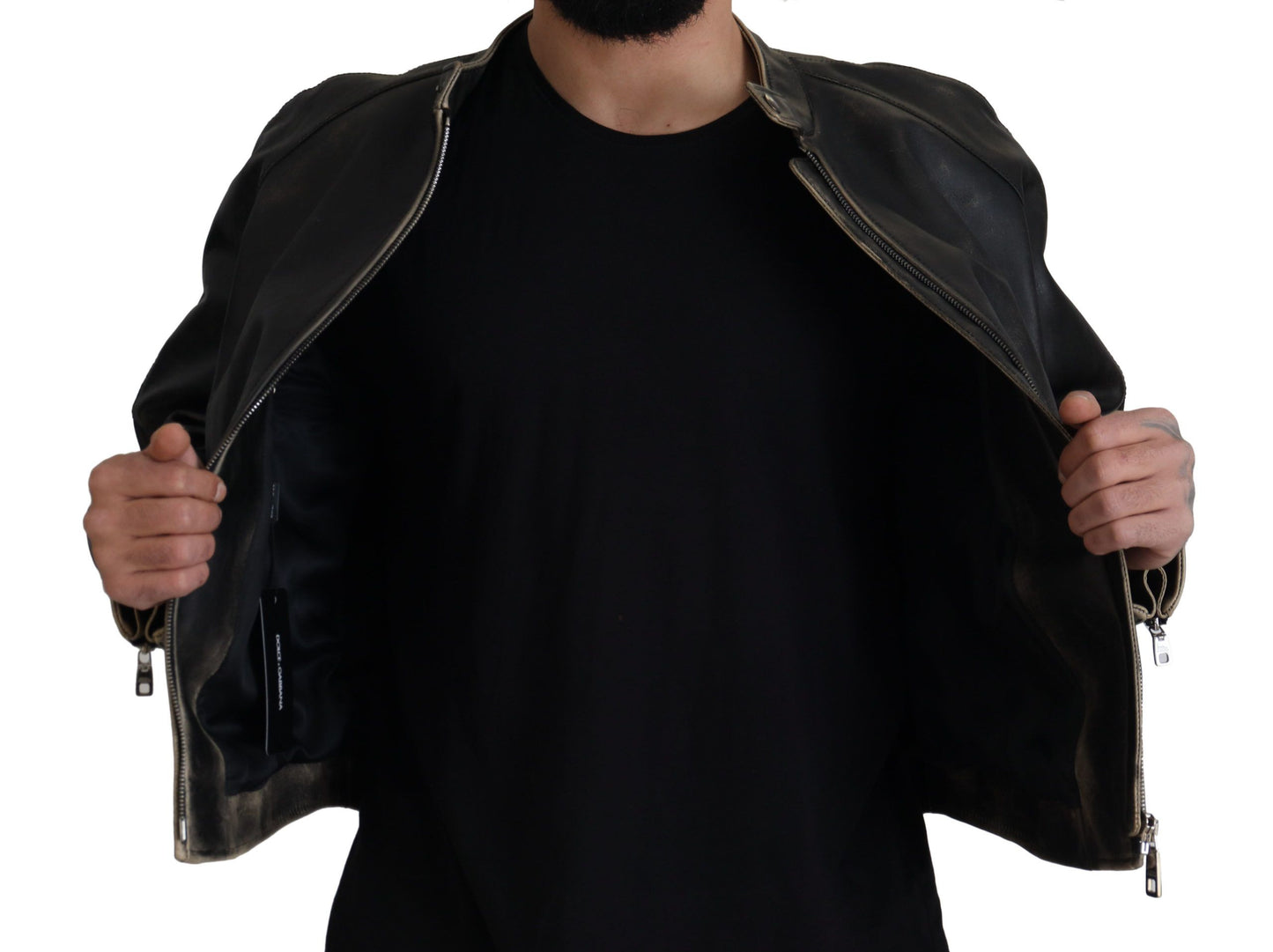 Dolce &amp; Gabbana Black Leather Zipper Biker Coat Jacket