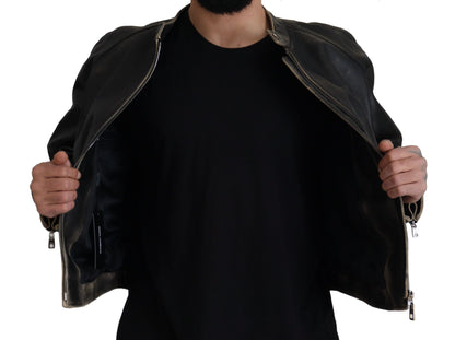 Dolce &amp; Gabbana Black Leather Zipper Biker Coat Jacket