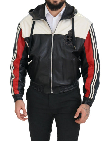 Dolce &amp; Gabbana Black Leather Hooded Blouson Coat Jacket
