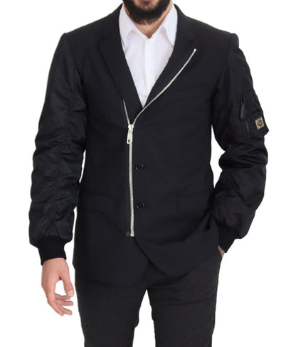 Dolce &amp; Gabbana – Schwarze Wolljacke mit durchgehendem Reißverschluss und langen Ärmeln