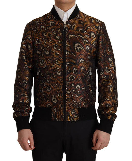 Dolce &amp; Gabbana Brown Feather Full Zip Blouson Jacket