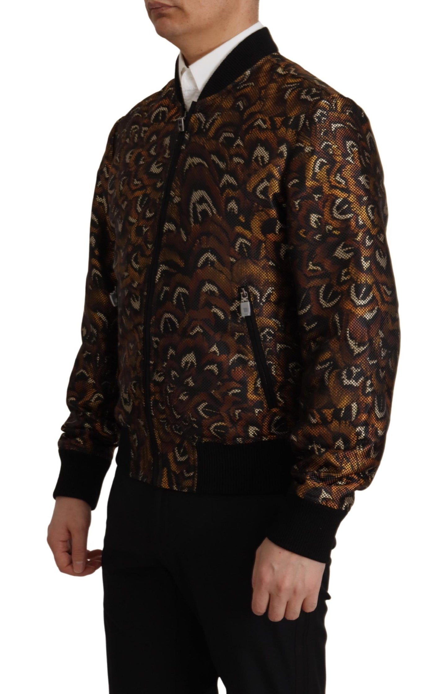 Dolce &amp; Gabbana – Blousonjacke mit durchgehendem Reißverschluss und braunen Federn