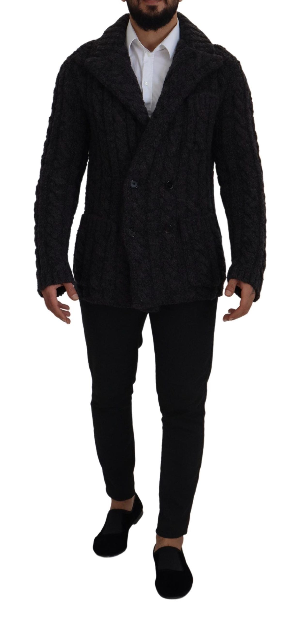 Dolce &amp; Gabbana Black Wool Knit Double Breasted Coat Jacket