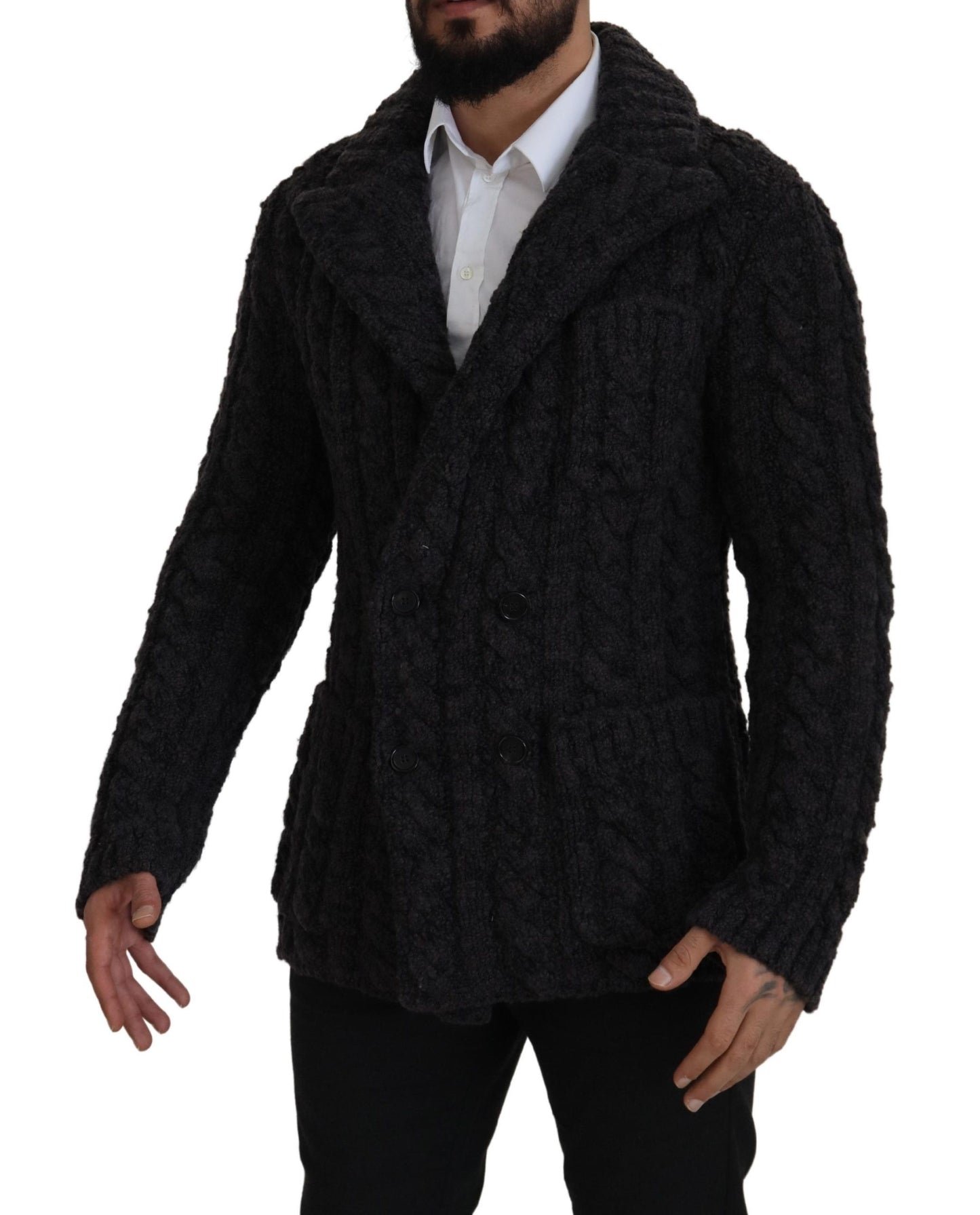 Dolce &amp; Gabbana Black Wool Knit Double Breasted Coat Jacket