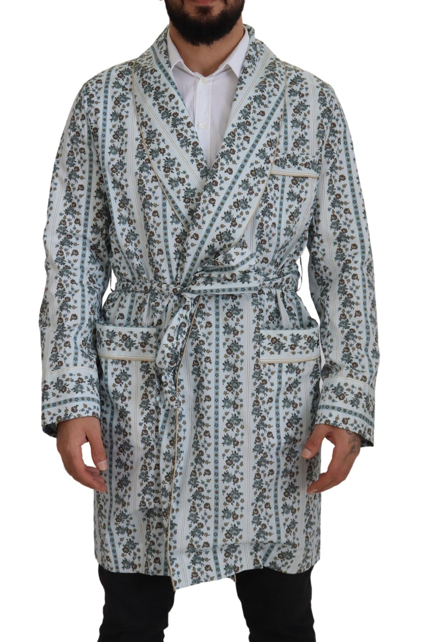 Dolce &amp; Gabbana Blue Floral Cotton Robe Coat Jacket