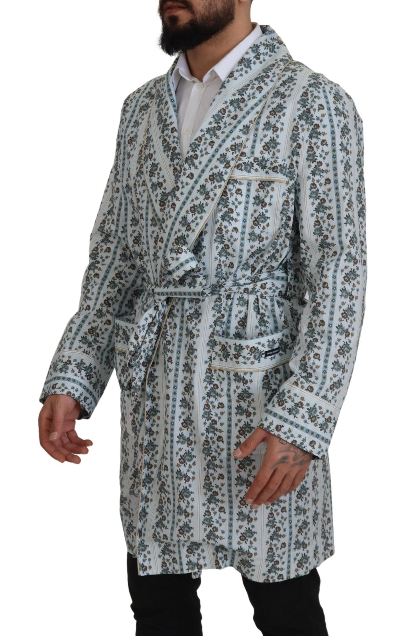 Dolce &amp; Gabbana Blue Floral Cotton Robe Coat Jacket