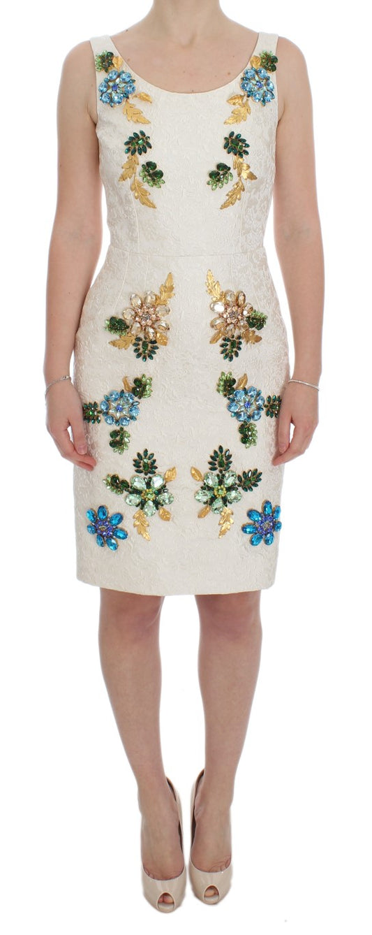 Dolce &amp; Gabbana – Etuikleid aus weißem Brokat mit Kristallen