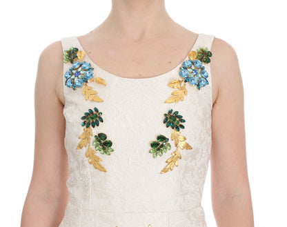 Dolce &amp; Gabbana – Etuikleid aus weißem Brokat mit Kristallen