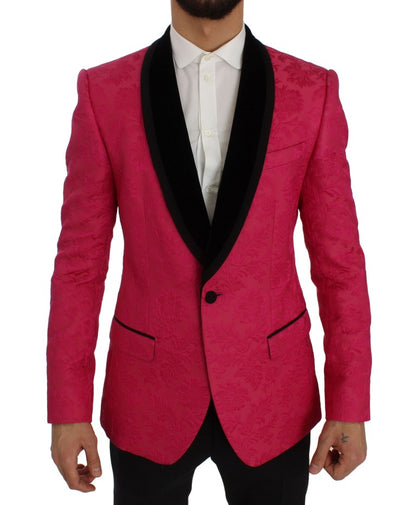 Dolce &amp; Gabbana – Schmaler Blazer aus Brokat mit Blumenmuster in Rosa