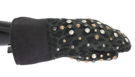 Dolce &amp; Gabbana – Graue Woll-Shearling-Handschuhe mit grünem Leopardenmuster und Nieten