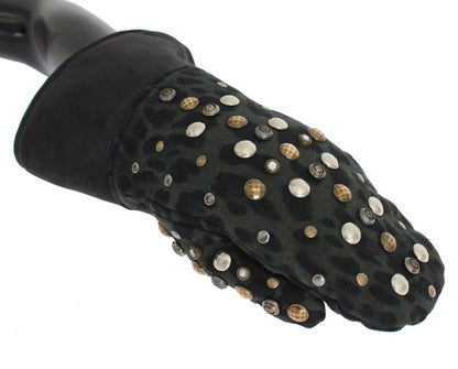 Dolce &amp; Gabbana – Graue Woll-Shearling-Handschuhe mit grünem Leopardenmuster und Nieten