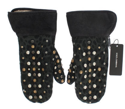 Dolce &amp; Gabbana – Graue Woll-Shearling-Handschuhe mit grünem Leopardenmuster und Nieten