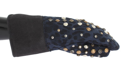 Dolce &amp; Gabbana Graue Woll-Shearling-Handschuhe mit blauen Leopardenmuster und Nieten