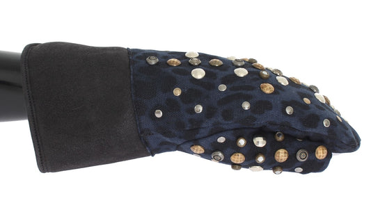 Dolce &amp; Gabbana Graue Woll-Shearling-Handschuhe mit blauen Leopardenmuster und Nieten