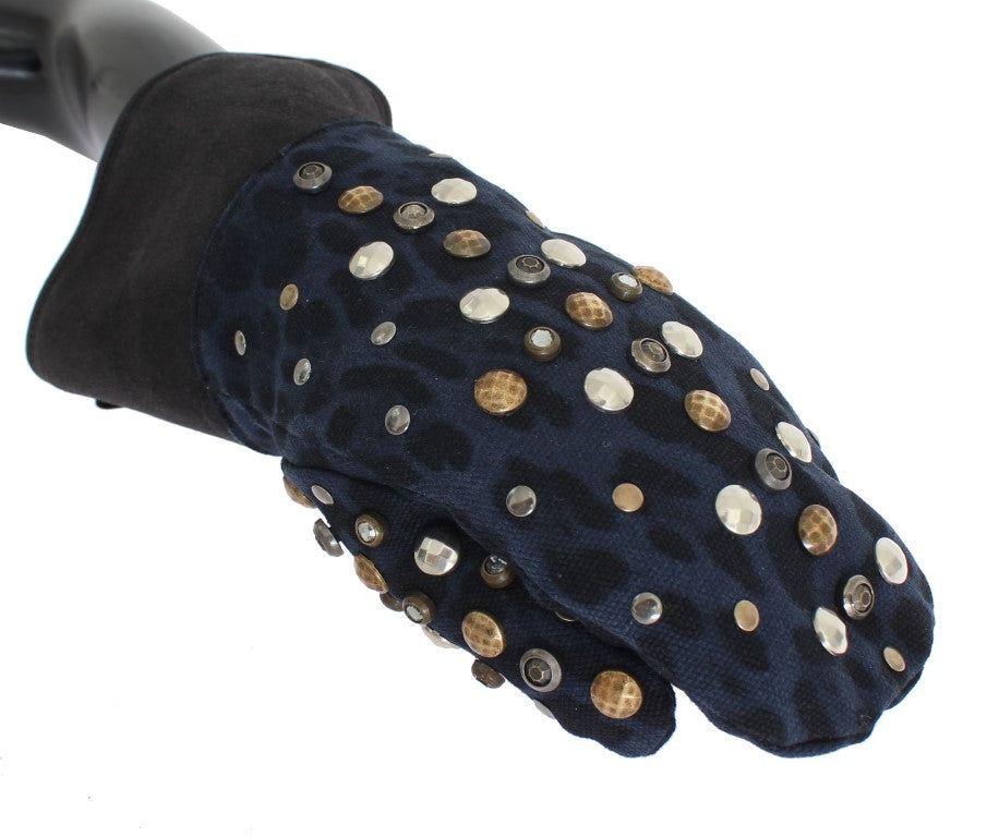 Dolce &amp; Gabbana Graue Woll-Shearling-Handschuhe mit blauen Leopardenmuster und Nieten