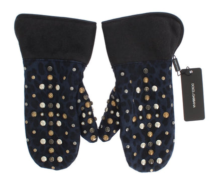 Dolce &amp; Gabbana Graue Woll-Shearling-Handschuhe mit blauen Leopardenmuster und Nieten