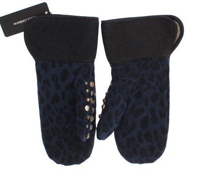 Dolce &amp; Gabbana Graue Woll-Shearling-Handschuhe mit blauen Leopardenmuster und Nieten