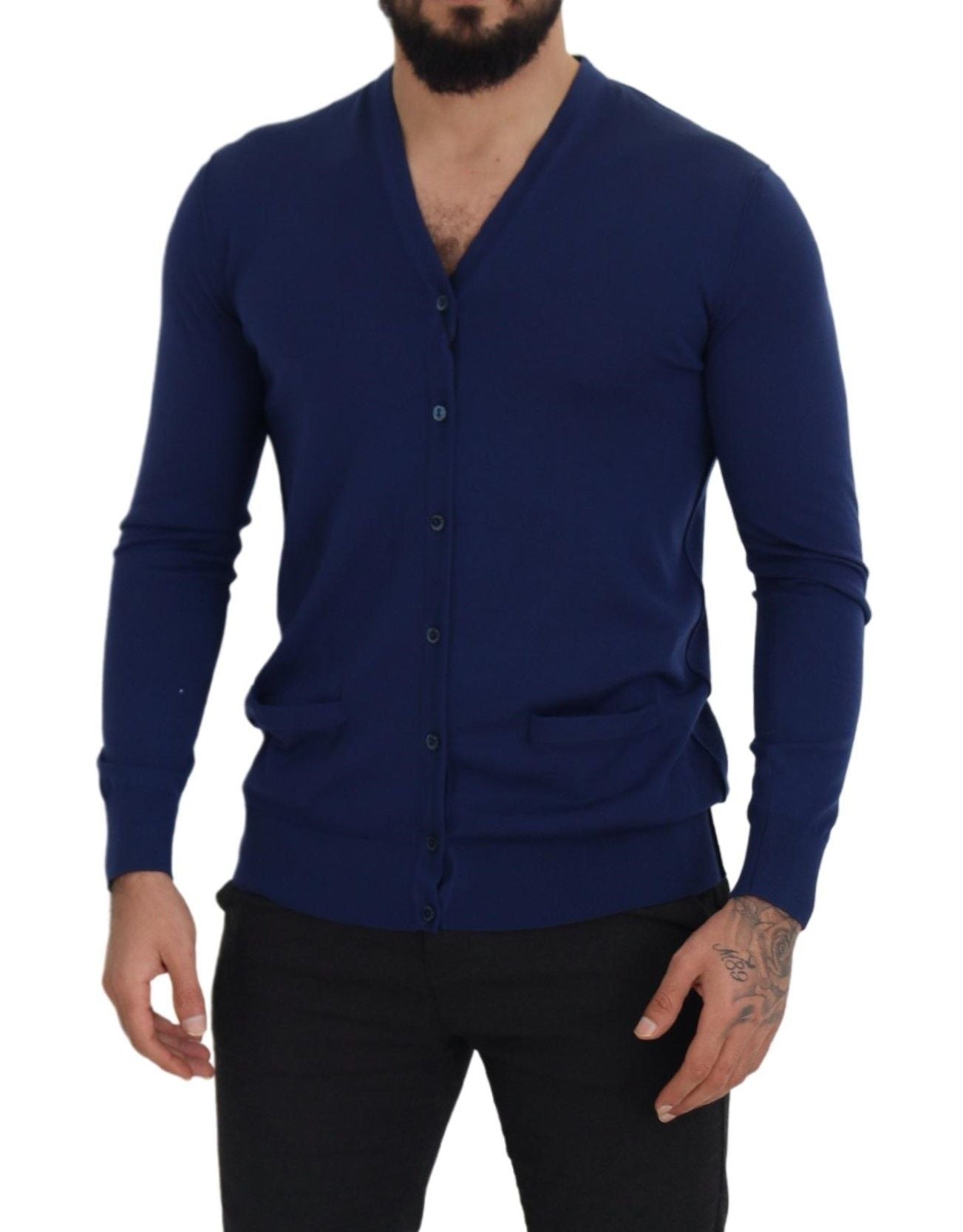 Dolce &amp; Gabbana Blue Wool V-neck Button Down Cardigan Sweater