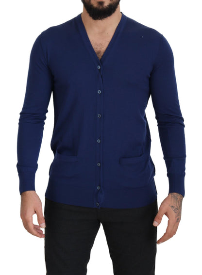 Dolce &amp; Gabbana Blue Wool V-neck Button Down Cardigan Sweater
