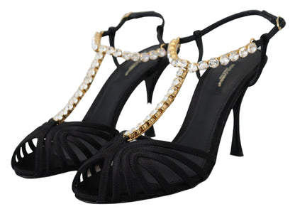 Dolce &amp; Gabbana – Sandalen mit T-Riemen aus schwarzem Satin und durchsichtigem Kristall