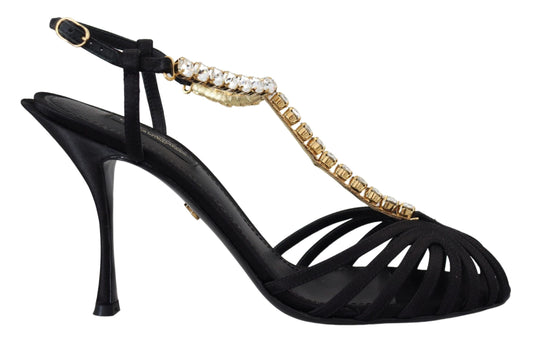 Dolce &amp; Gabbana – Sandalen mit T-Riemen aus schwarzem Satin und durchsichtigem Kristall