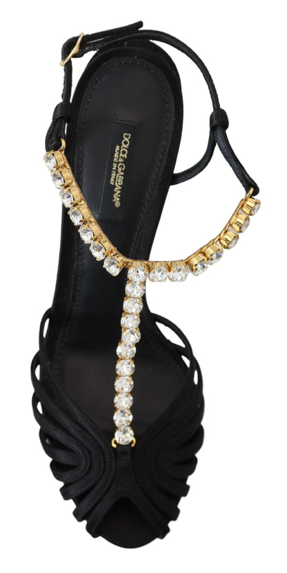 Dolce &amp; Gabbana – Sandalen mit T-Riemen aus schwarzem Satin und durchsichtigem Kristall
