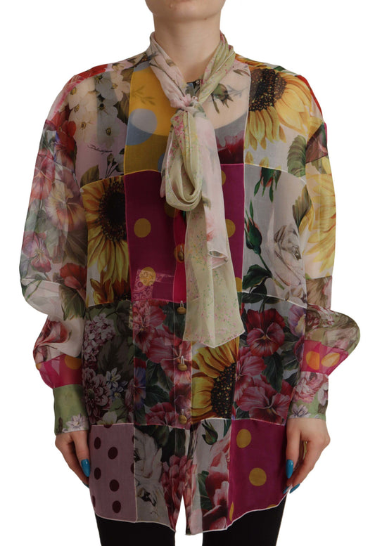 Dolce &amp; Gabbana Mehrfarbiges Patchwork-Blusetop mit Ascot-Kragen