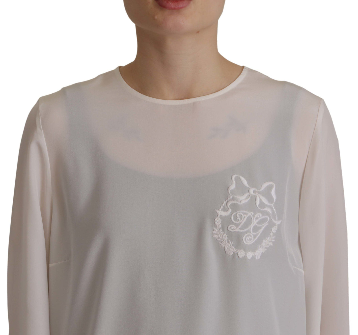 Dolce &amp; Gabbana – Weiße Bluse aus Seide mit DG-Logo-Stickerei und langen Ärmeln