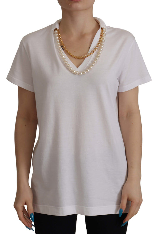 Dolce &amp; Gabbana – Weißes T-Shirt-Oberteil mit Halskette und verziertem Ausschnitt