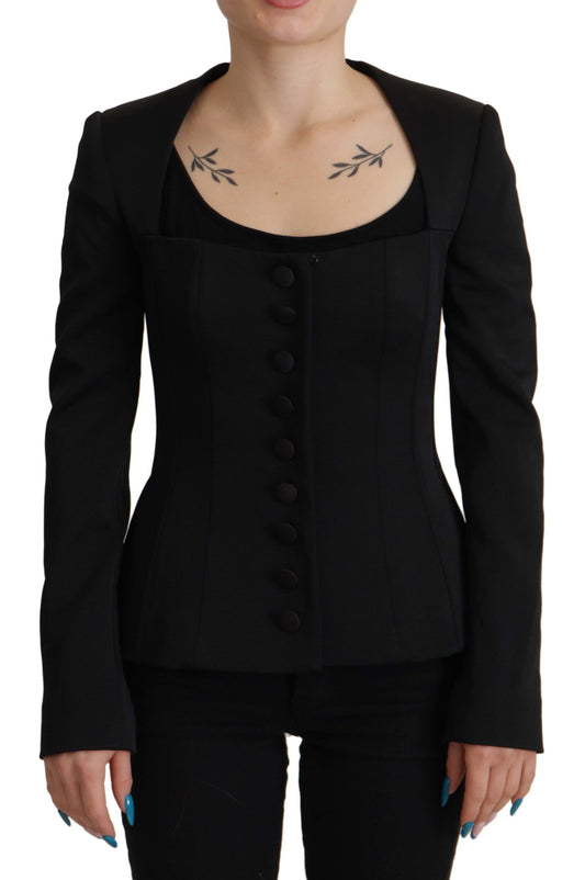 Dolce &amp; Gabbana – Schwarze Slim Fit-Jacke mit langen Ärmeln und Druckknöpfen