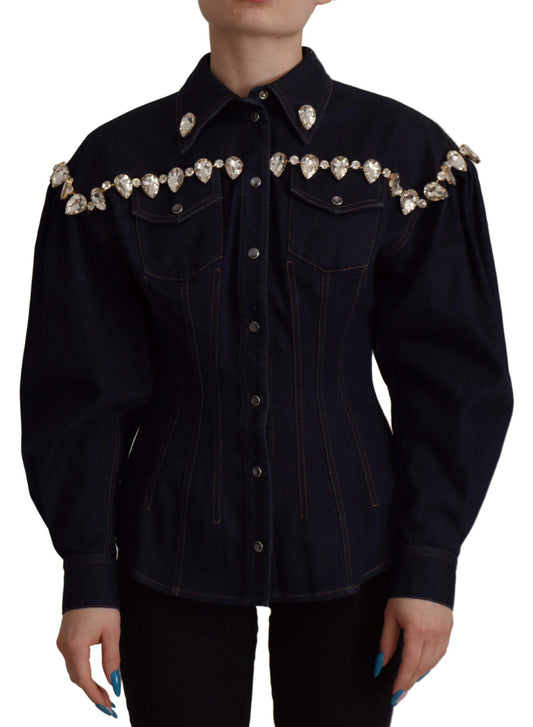 Dolce &amp; Gabbana – Blaue Denim-Baumwolljacke mit Kristallverzierung