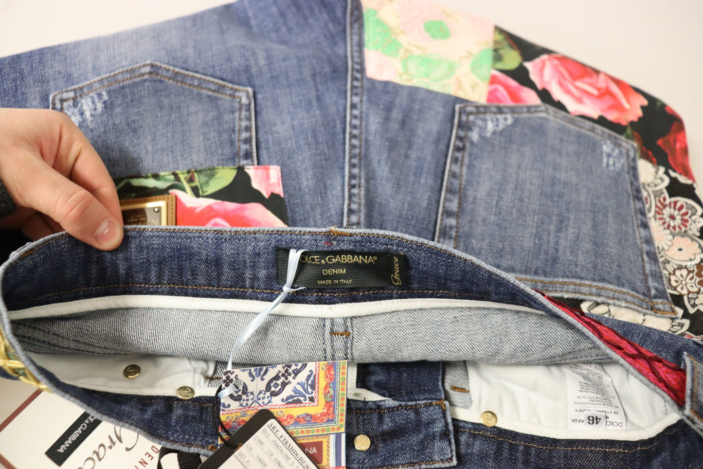 Dolce &amp; Gabbana Blaue Patchwork-Jeans mit hoher Taille