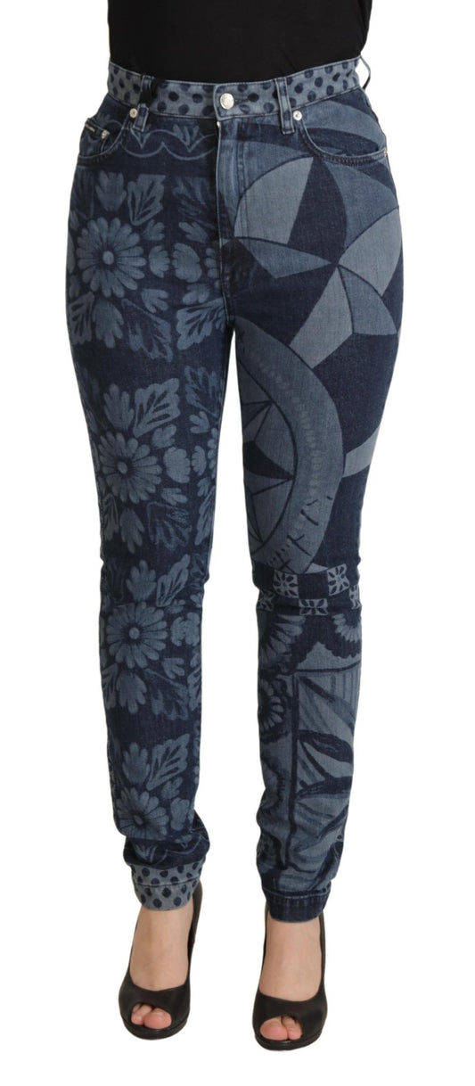 Dolce &amp; Gabbana – Blaue Skinny-Jeans mit Blumenmuster und hoher Taille