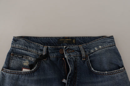 Dolce &amp; Gabbana Blue Denim Barock Herz Logo Patch Hose Jeans