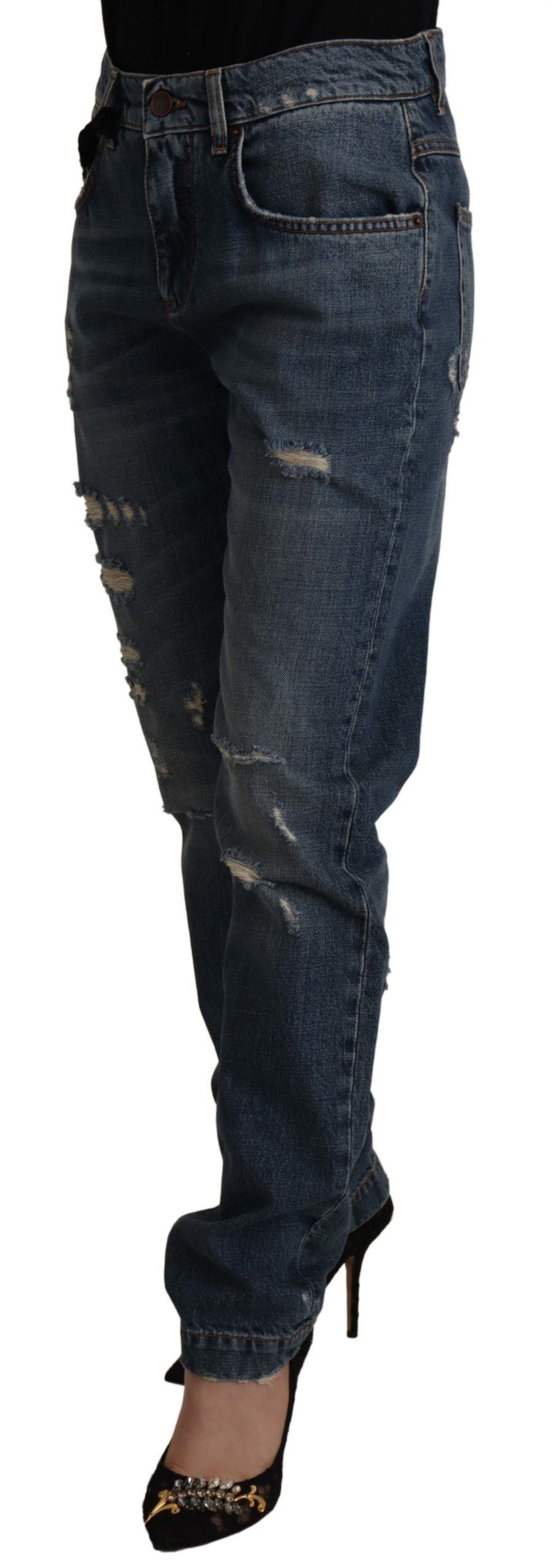 Dolce &amp; Gabbana Blue Denim Barock Herz Logo Patch Hose Jeans