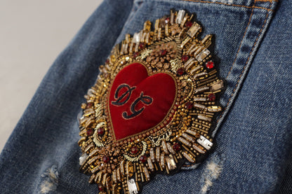 Dolce &amp; Gabbana Blue Denim Barock Herz Logo Patch Hose Jeans