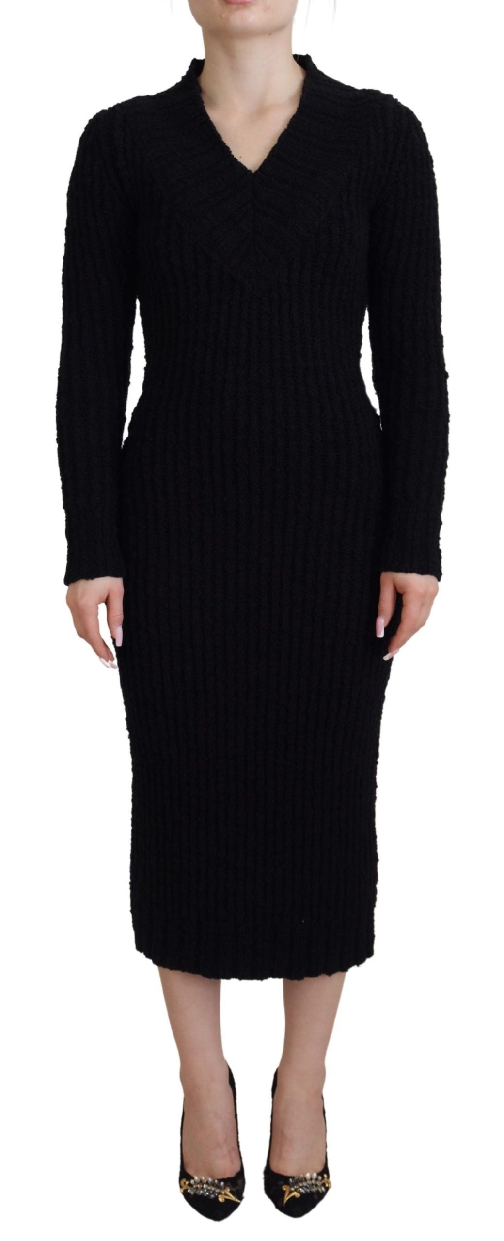 Dolce &amp; Gabbana Black Wool Knitted Sheath Sweater Dress